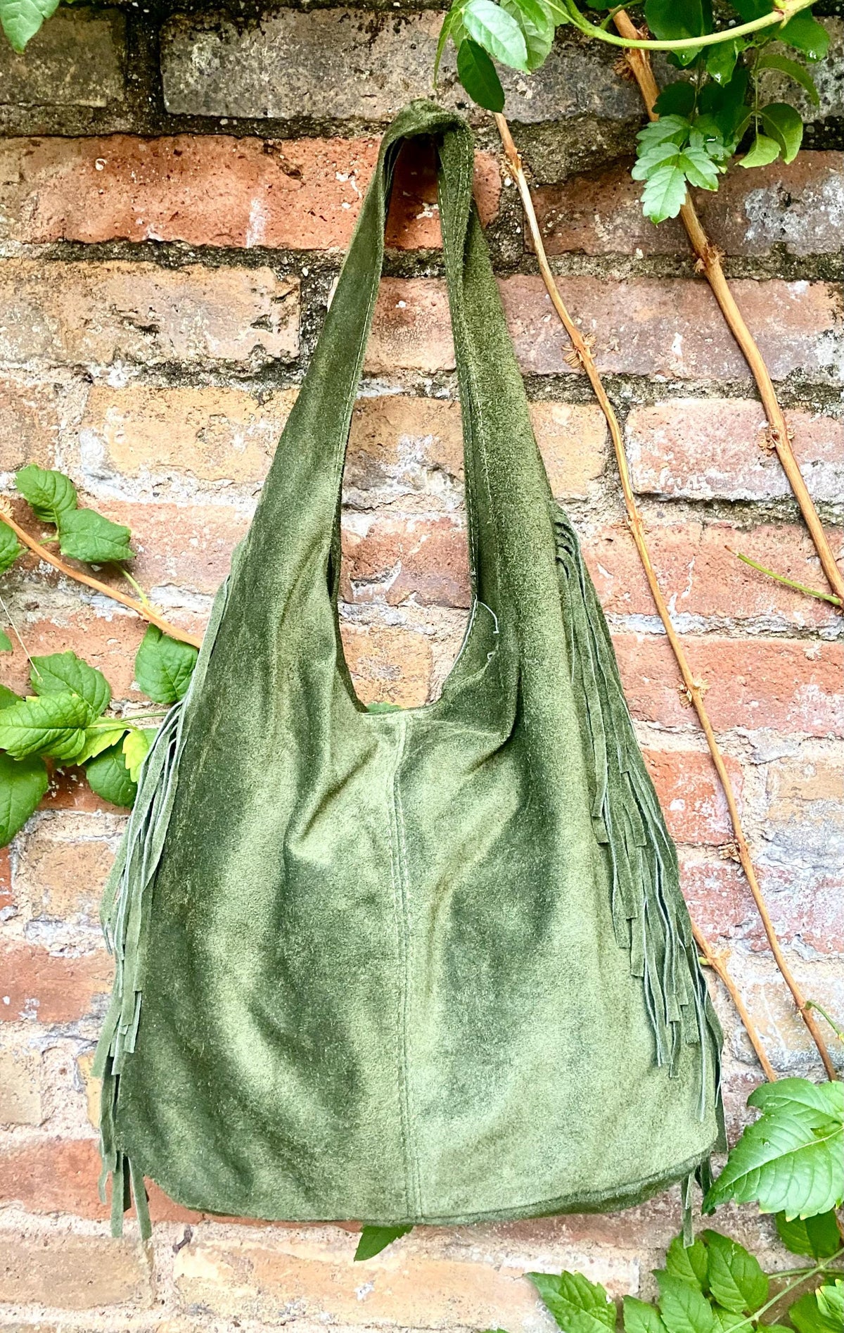 Moss green slouchy bag. Large tote leather bag with zipper + FRINGES. Genuine leather bag. Green boho soft suede leather bag.