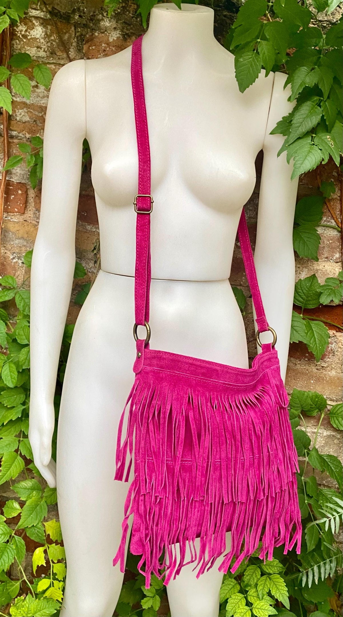 Hot pink cross body /shoulder bag. BOHO suede leather bag with FRINGES. Larger style. Fuchsia genuine suede messenger. Pink hippy bag.