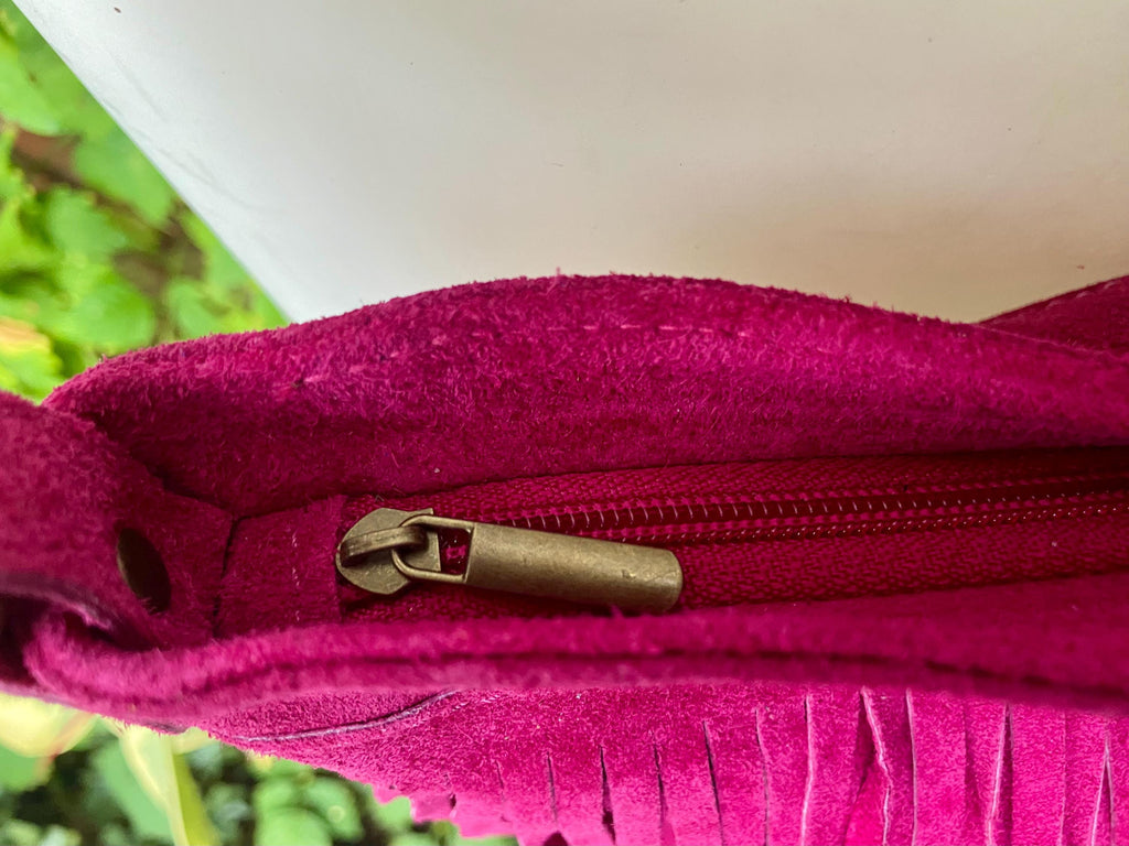 Hot pink cross body /shoulder bag. BOHO suede leather bag with FRINGES. Larger style. Fuchsia genuine suede messenger. Pink hippy bag.
