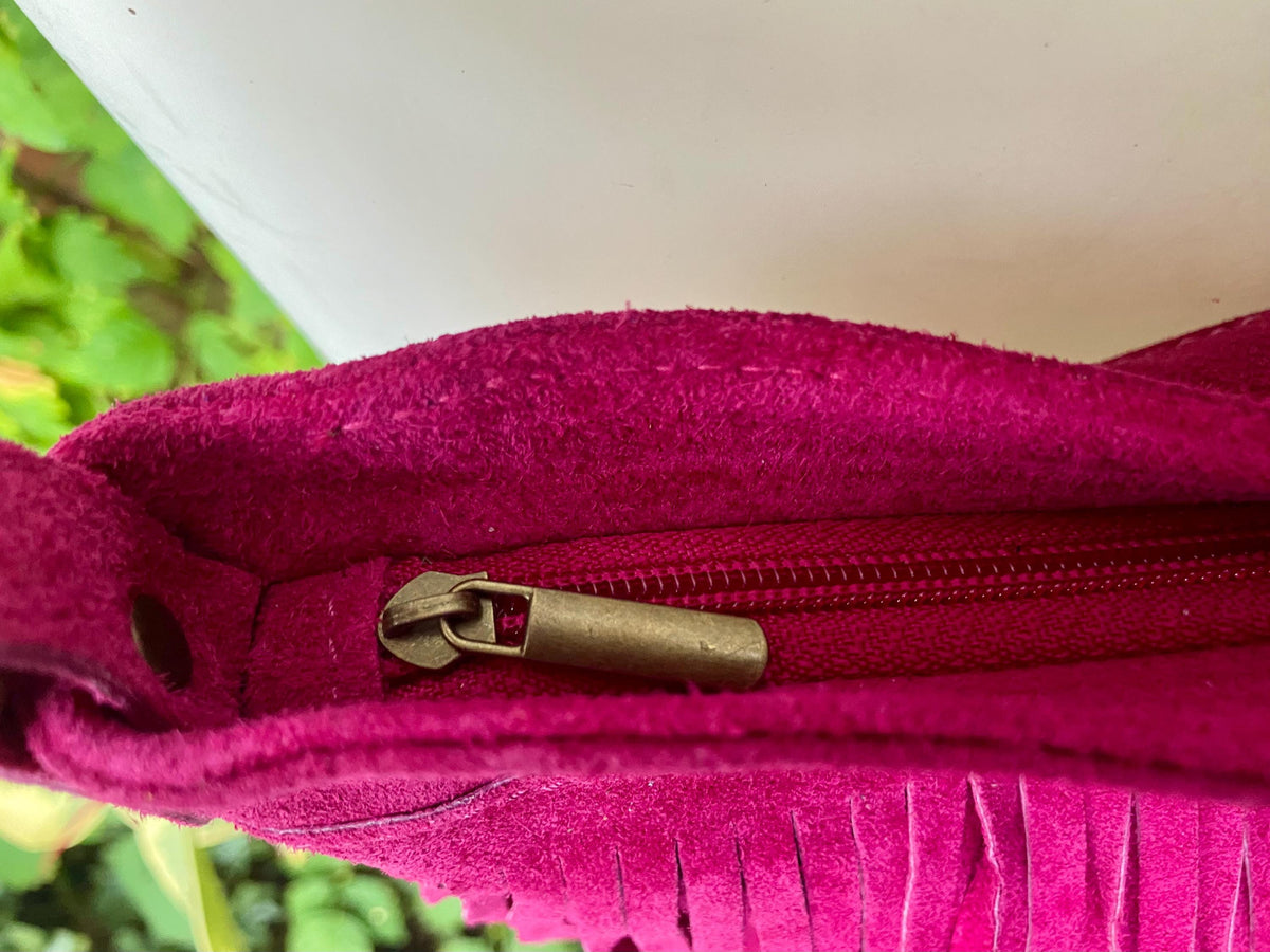 Hot pink cross body /shoulder bag. BOHO suede leather bag with FRINGES. Larger style. Fuchsia genuine suede messenger. Pink hippy bag.