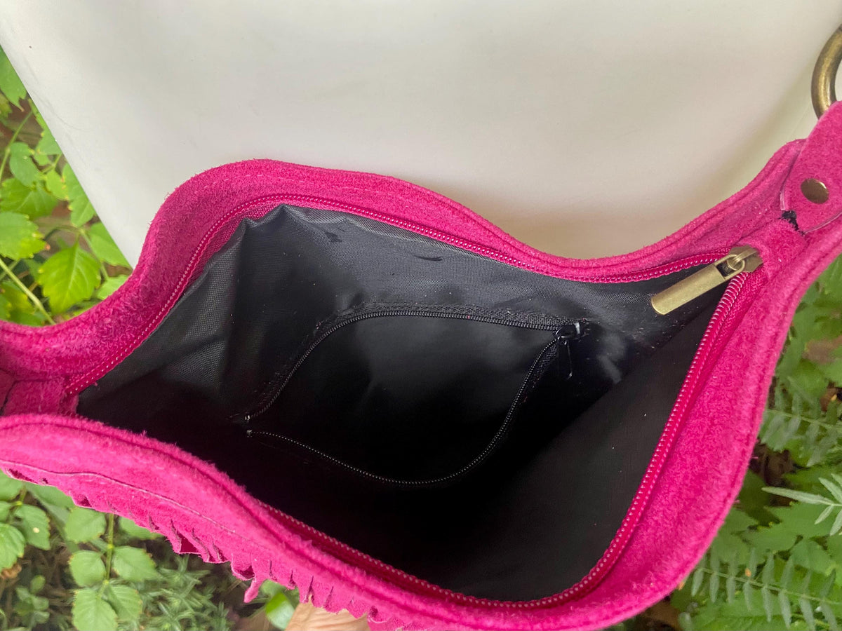 Hot pink cross body /shoulder bag. BOHO suede leather bag with FRINGES. Larger style. Fuchsia genuine suede messenger. Pink hippy bag.