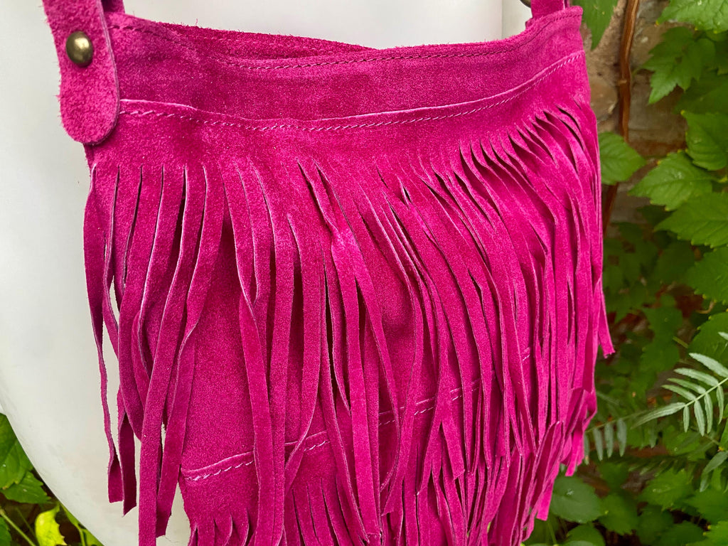 Hot pink cross body /shoulder bag. BOHO suede leather bag with FRINGES. Larger style. Fuchsia genuine suede messenger. Pink hippy bag.
