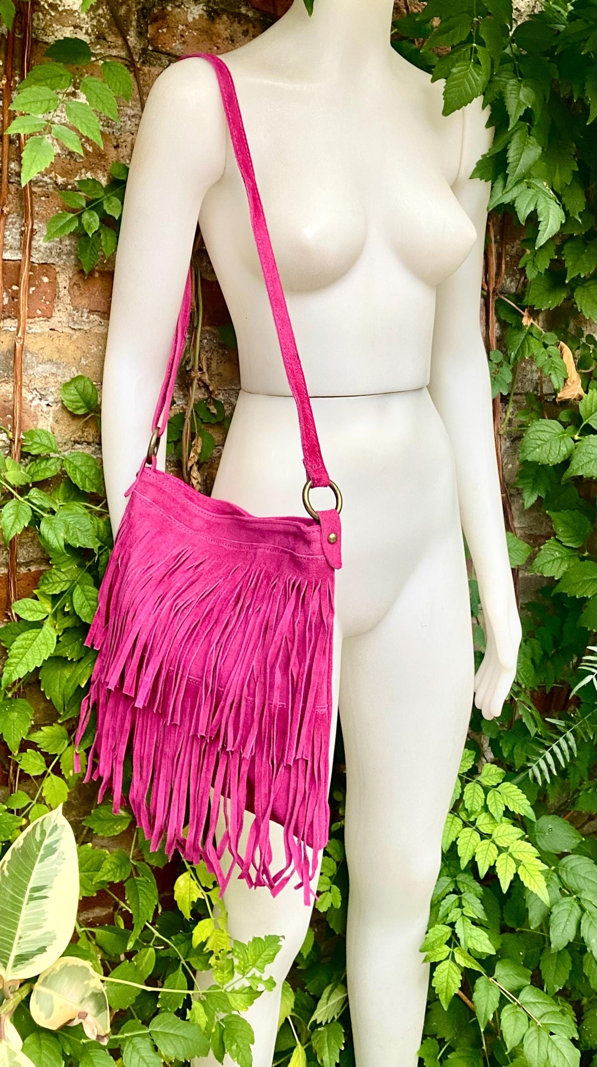 Hot pink cross body /shoulder bag. BOHO suede leather bag with FRINGES. Larger style. Fuchsia genuine suede messenger. Pink hippy bag.