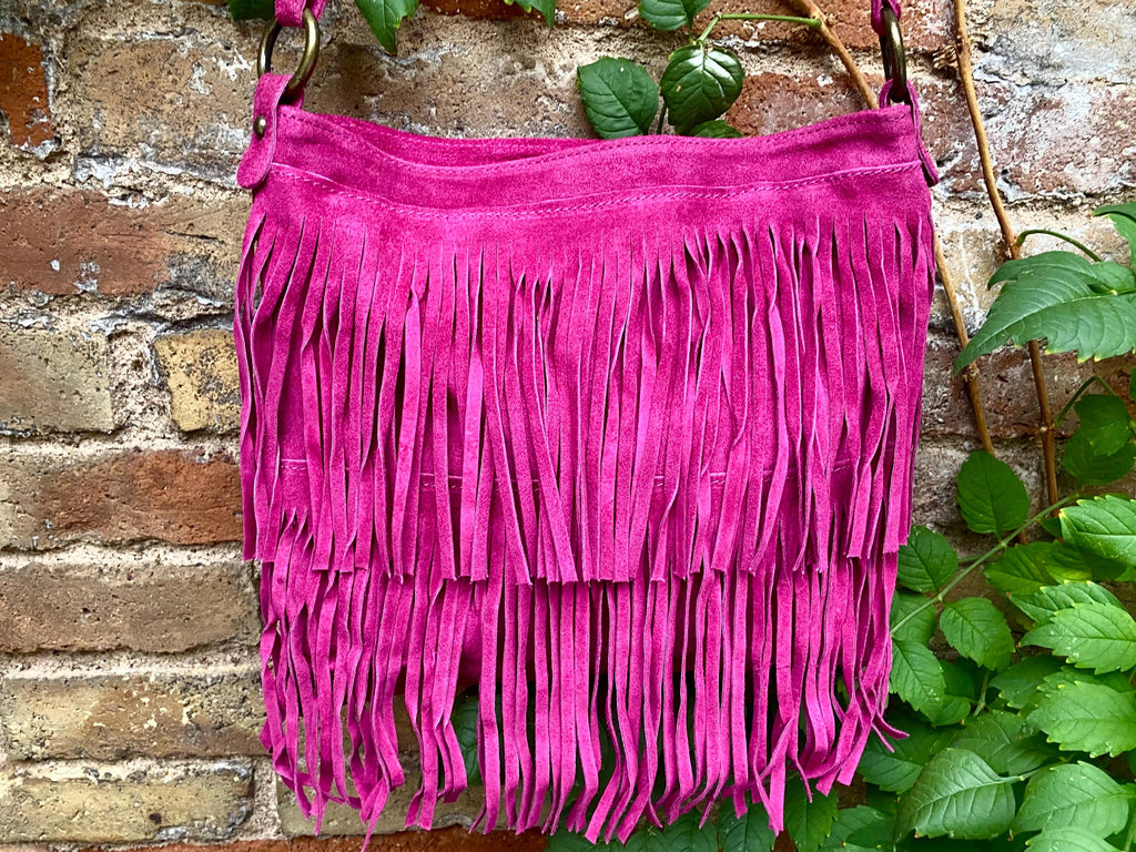 Hot pink cross body /shoulder bag. BOHO suede leather bag with FRINGES. Larger style. Fuchsia genuine suede messenger. Pink hippy bag.