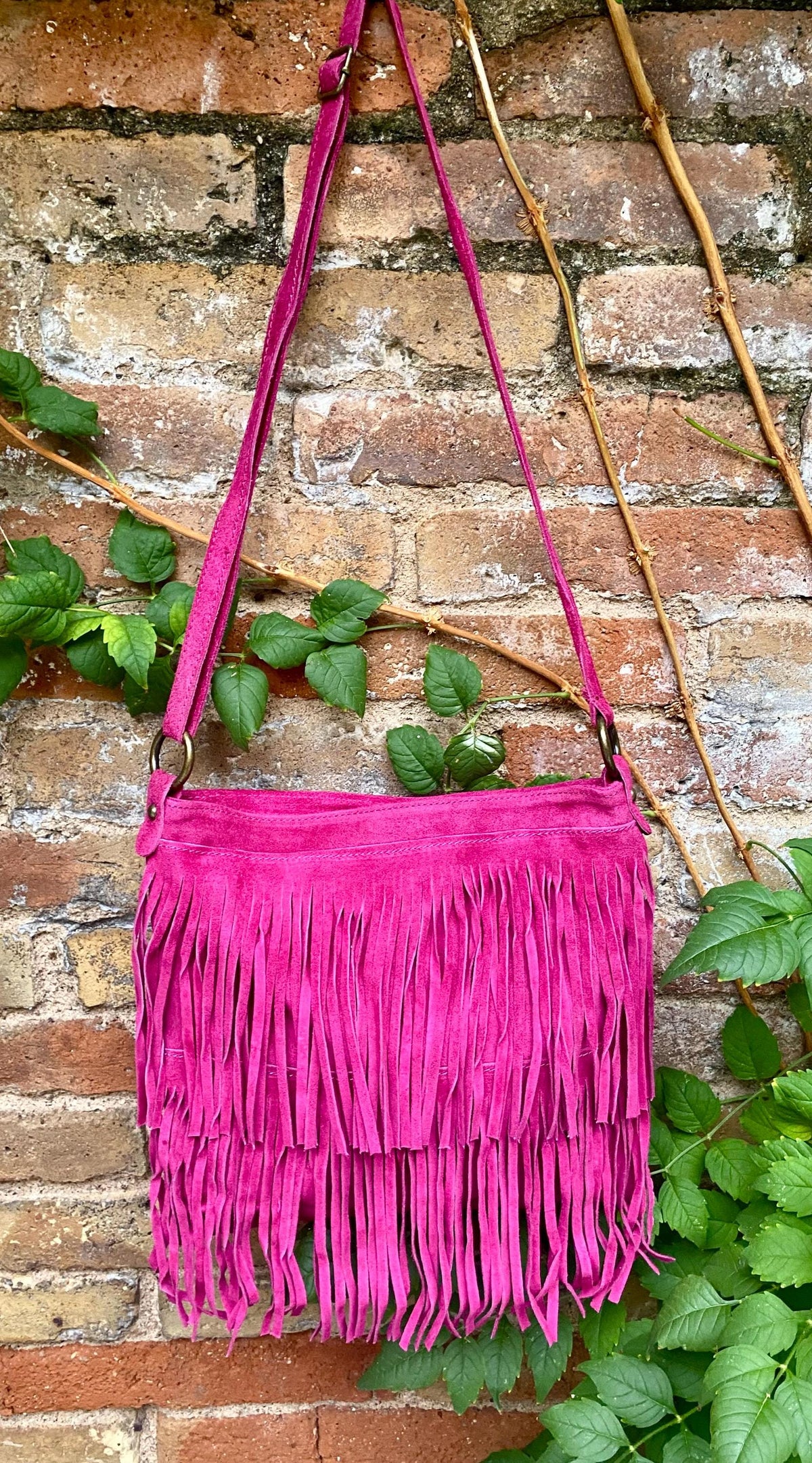 Hot pink cross body /shoulder bag. BOHO suede leather bag with FRINGES. Larger style. Fuchsia genuine suede messenger. Pink hippy bag.