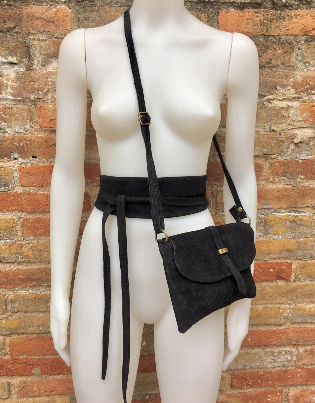 Suede leather bag in BLACK with waist belt. Crossbody bag in GENUINE leather with wraparound suede belt.BLACK leather wrap belt and bag set