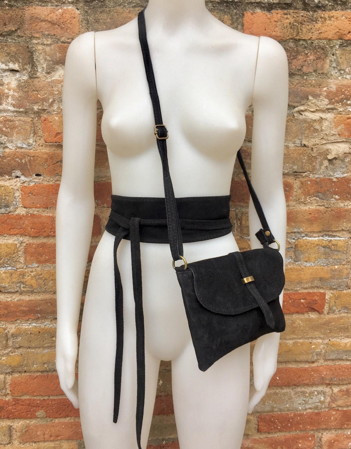Suede leather bag in BLACK with waist belt. Crossbody bag in GENUINE leather with wraparound suede belt.BLACK leather wrap belt and bag set