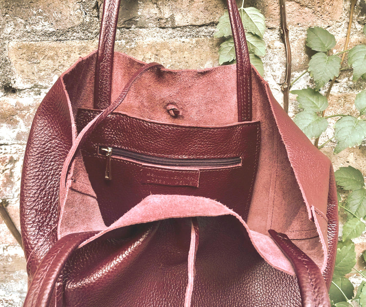 Tote leather bag in burgundy. Dark red leather shopper. GENUINE leather. Large terracotta - wine red purse for your laptop, books...