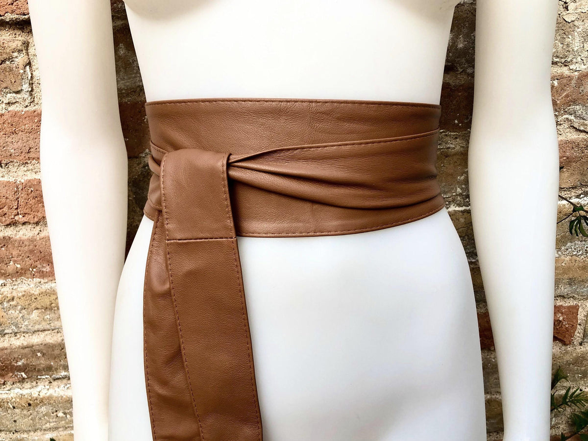 Dark CAMEL BROWN obi belt. Wrap belt in soft genuine leather. Wraparound waist belt. Wide style. Boho dress belt in TOBACCO/saddle brown