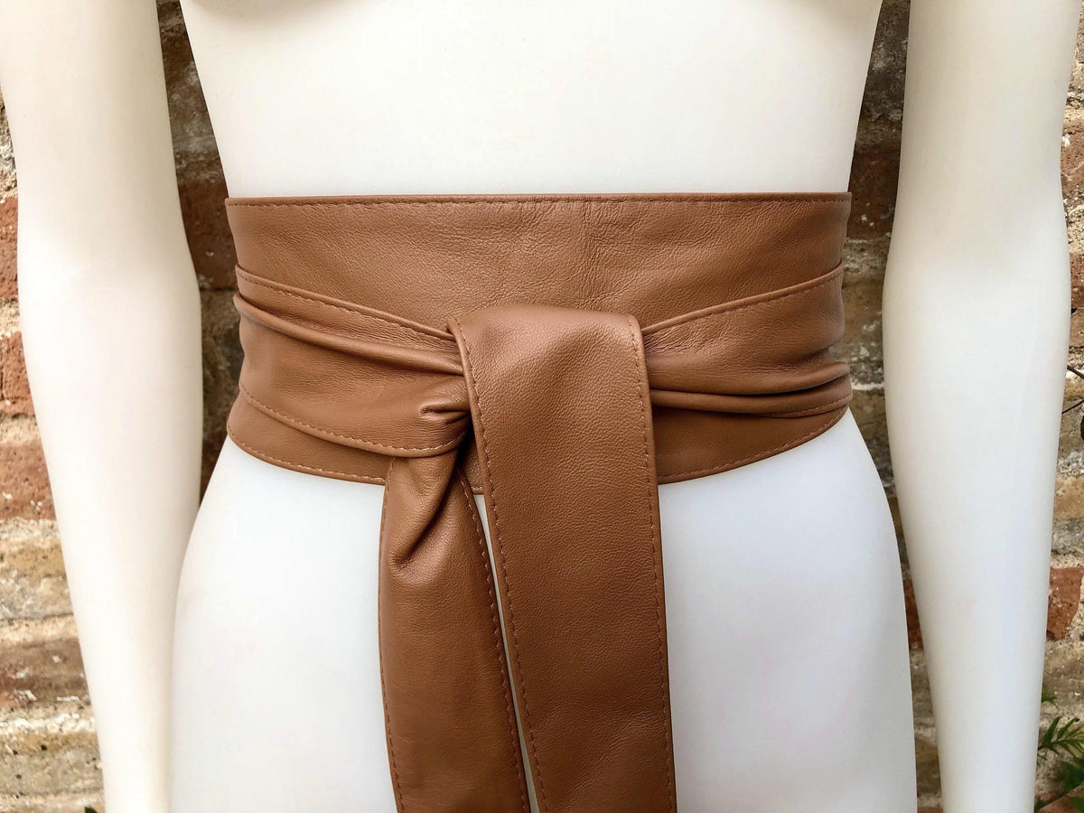Dark CAMEL BROWN obi belt. Wrap belt in soft genuine leather. Wraparound waist belt. Wide style. Boho dress belt in TOBACCO/saddle brown