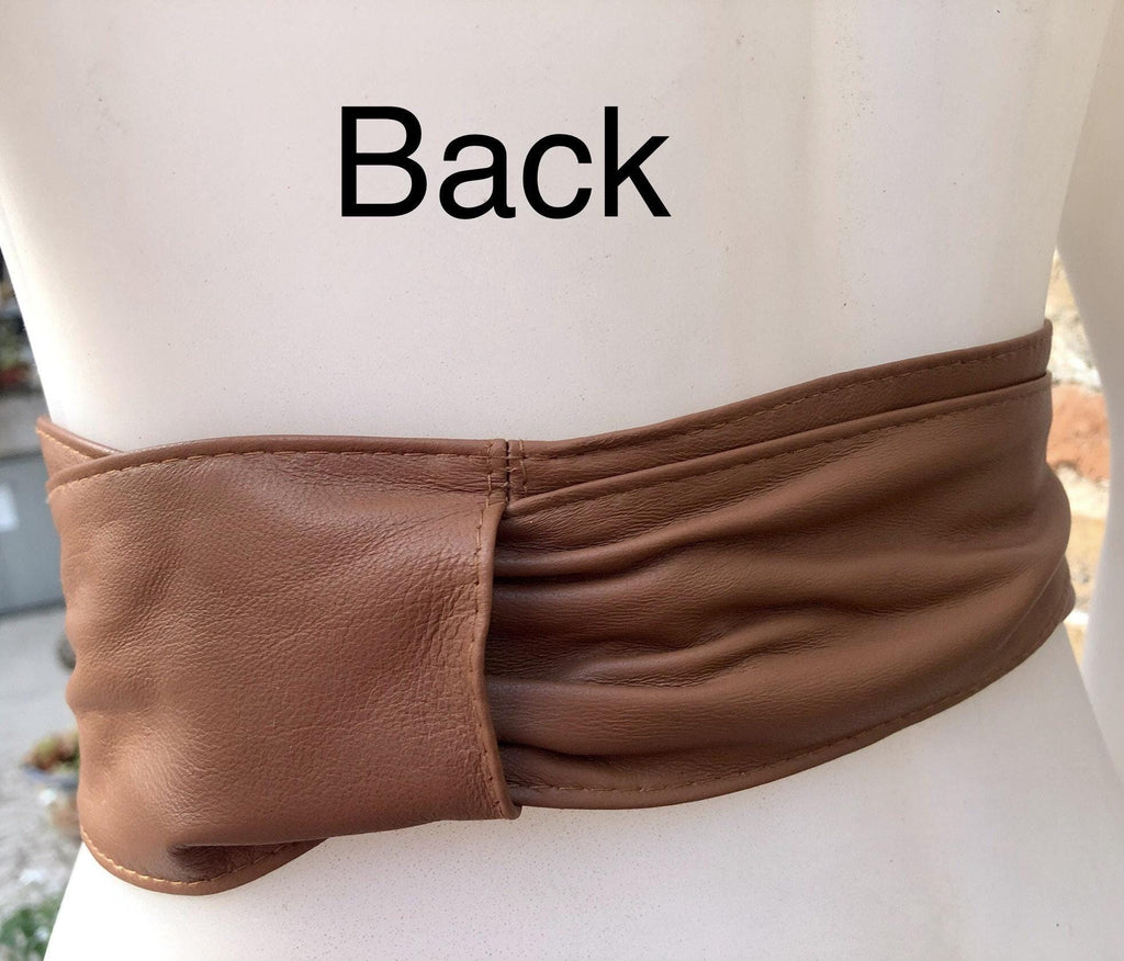 Dark CAMEL BROWN obi belt. Wrap belt in soft genuine leather. Wraparound waist belt. Wide style. Boho dress belt in TOBACCO/saddle brown