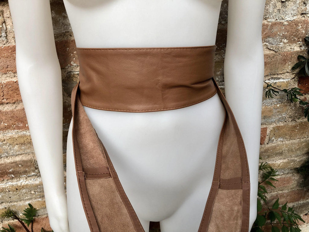 Dark CAMEL BROWN obi belt. Wrap belt in soft genuine leather. Wraparound waist belt. Wide style. Boho dress belt in TOBACCO/saddle brown