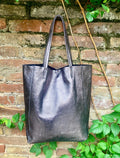 Tote leather bag in SILVER. GENUINE leather shopper. Large carry all bag for your laptop, books. Metallic leather purse.