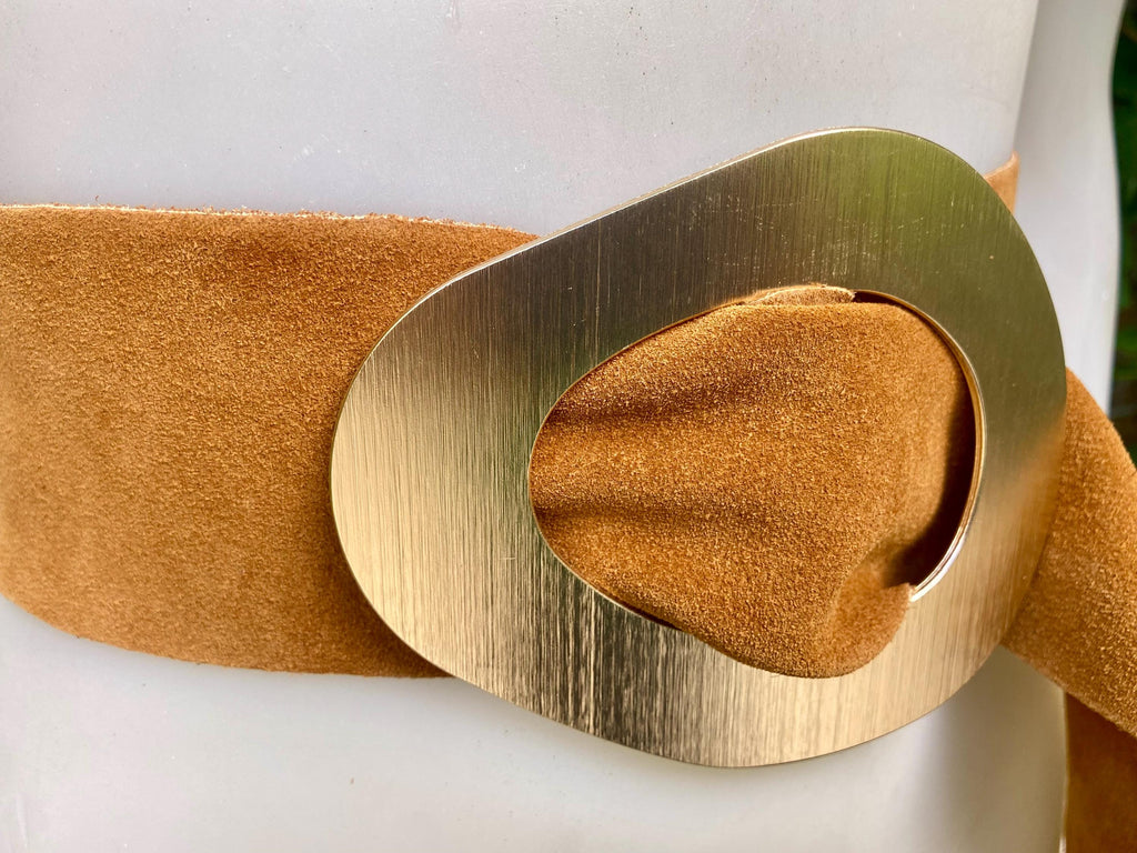 Light camel brown suede waist belt with large metal buckle. Soft suede belt in light saddle brown. Boho belt. Genuine natural suede leather.