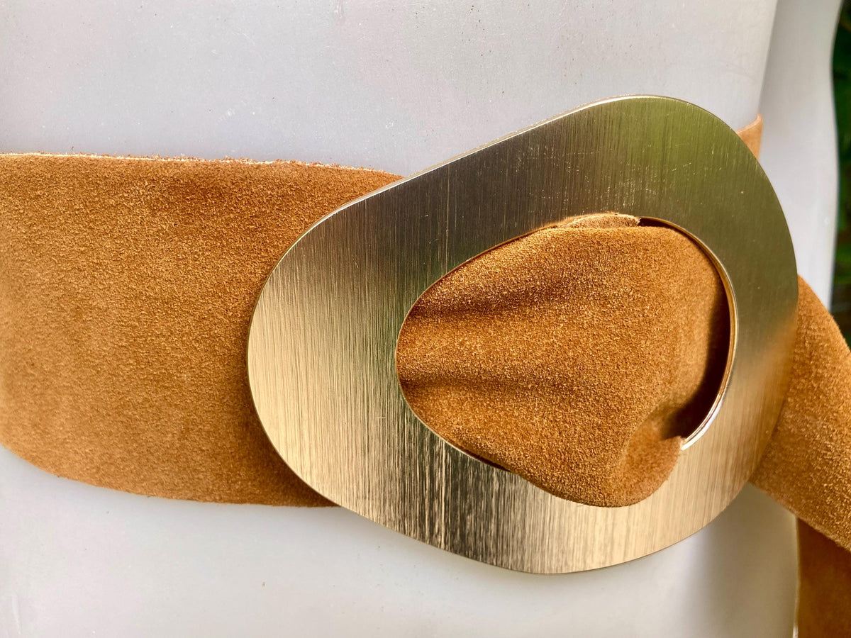 Light camel brown suede waist belt with large metal buckle. Soft suede belt in light saddle brown. Boho belt. Genuine natural suede leather.