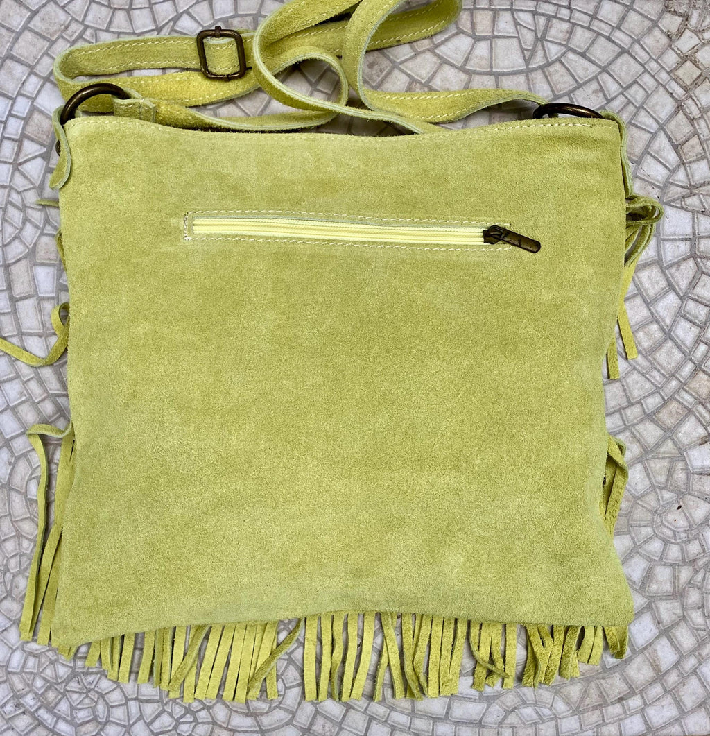 Crossbody / shoulder fringed bag. Lime yellow - green BOHO suede hippy bag. Larger style. Genuine leather acid yellow suede bag
