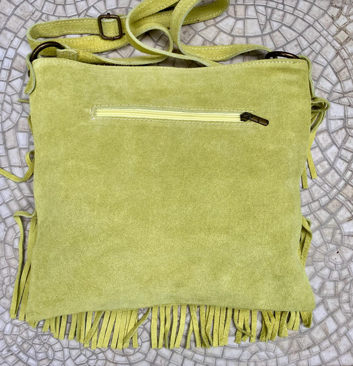 Crossbody / shoulder fringed bag. Lime yellow - green BOHO suede hippy bag. Larger style. Genuine leather acid yellow suede bag