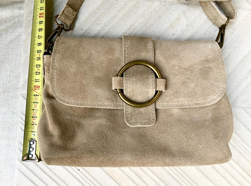 Beige suede bag. Genuine leather small suede purse. Light beige small crossbody / shoulder bag. Adjustable strap, flap + zipper.