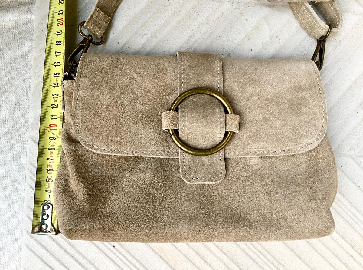 Beige suede bag. Genuine leather small suede purse. Light beige small crossbody / shoulder bag. Adjustable strap, flap + zipper.