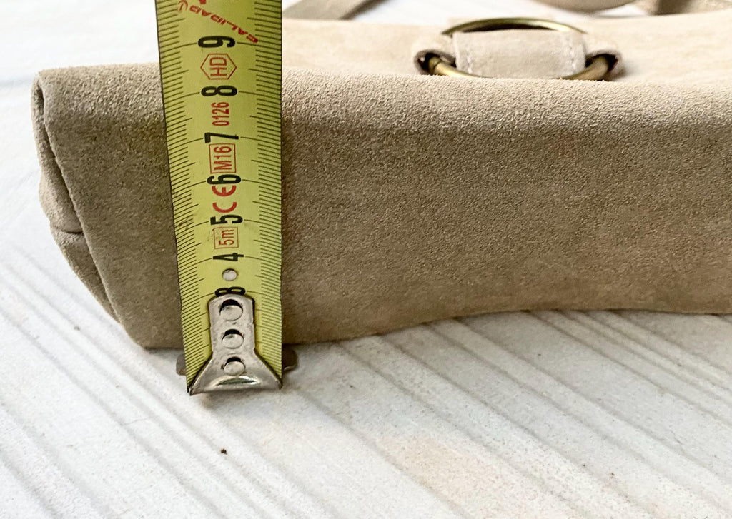 Beige suede bag. Genuine leather small suede purse. Light beige small crossbody / shoulder bag. Adjustable strap, flap + zipper.