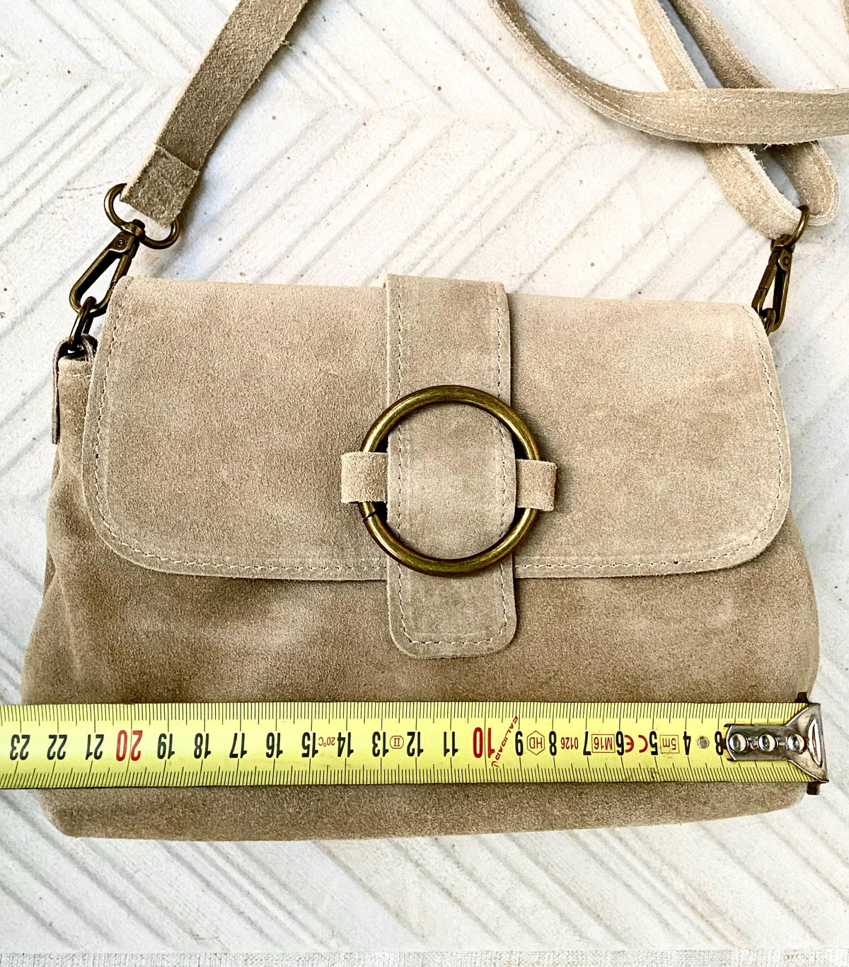 Beige suede bag. Genuine leather small suede purse. Light beige small crossbody / shoulder bag. Adjustable strap, flap + zipper.