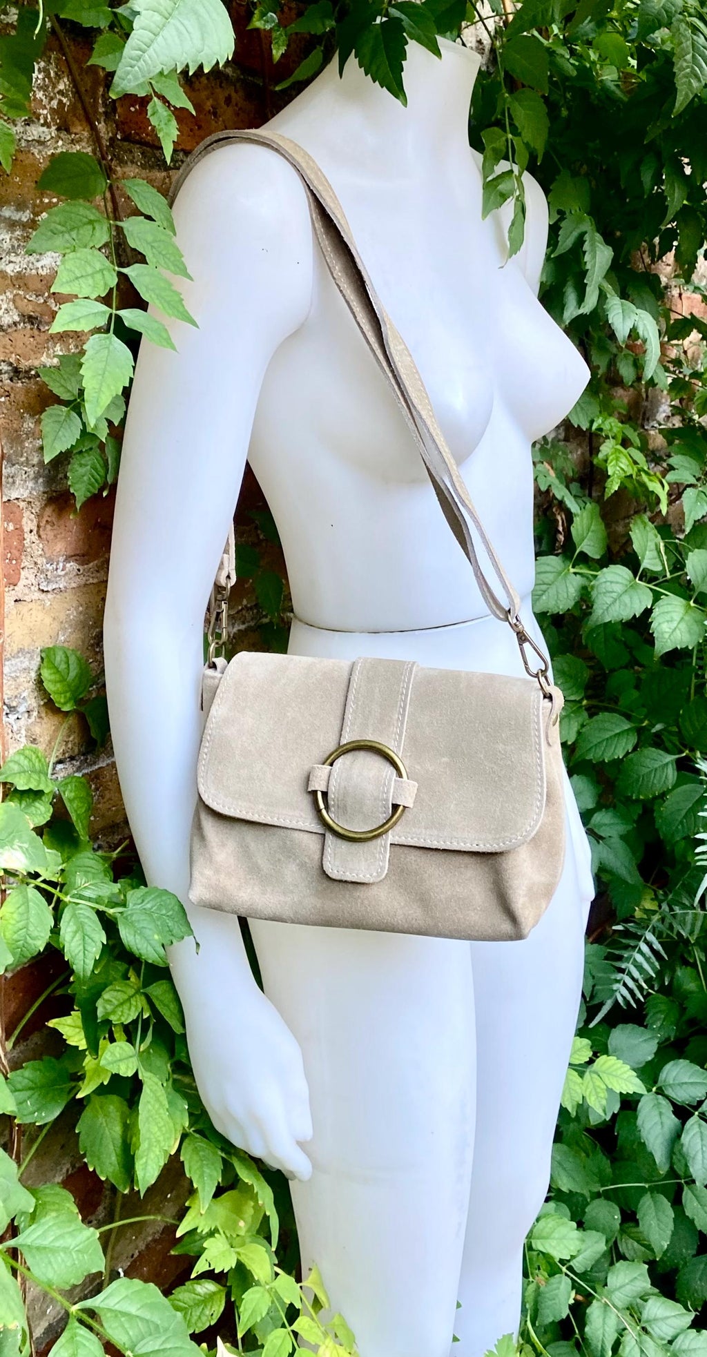 Beige suede bag. Genuine leather small suede purse. Light beige small crossbody / shoulder bag. Adjustable strap, flap + zipper.