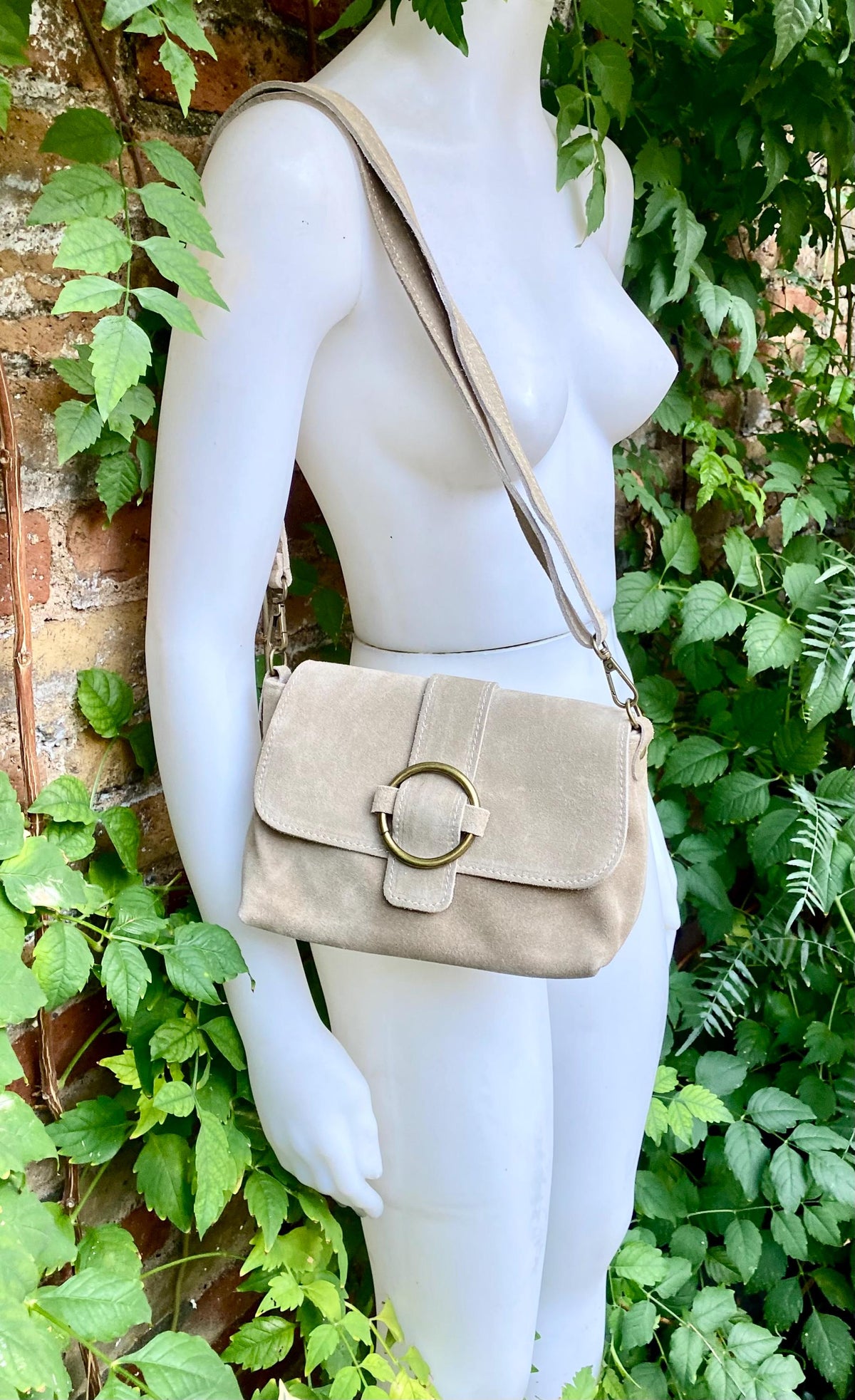 Beige suede bag. Genuine leather small suede purse. Light beige small crossbody / shoulder bag. Adjustable strap, flap + zipper.