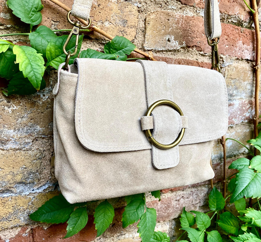 Beige suede bag. Genuine leather small suede purse. Light beige small crossbody / shoulder bag. Adjustable strap, flap + zipper.