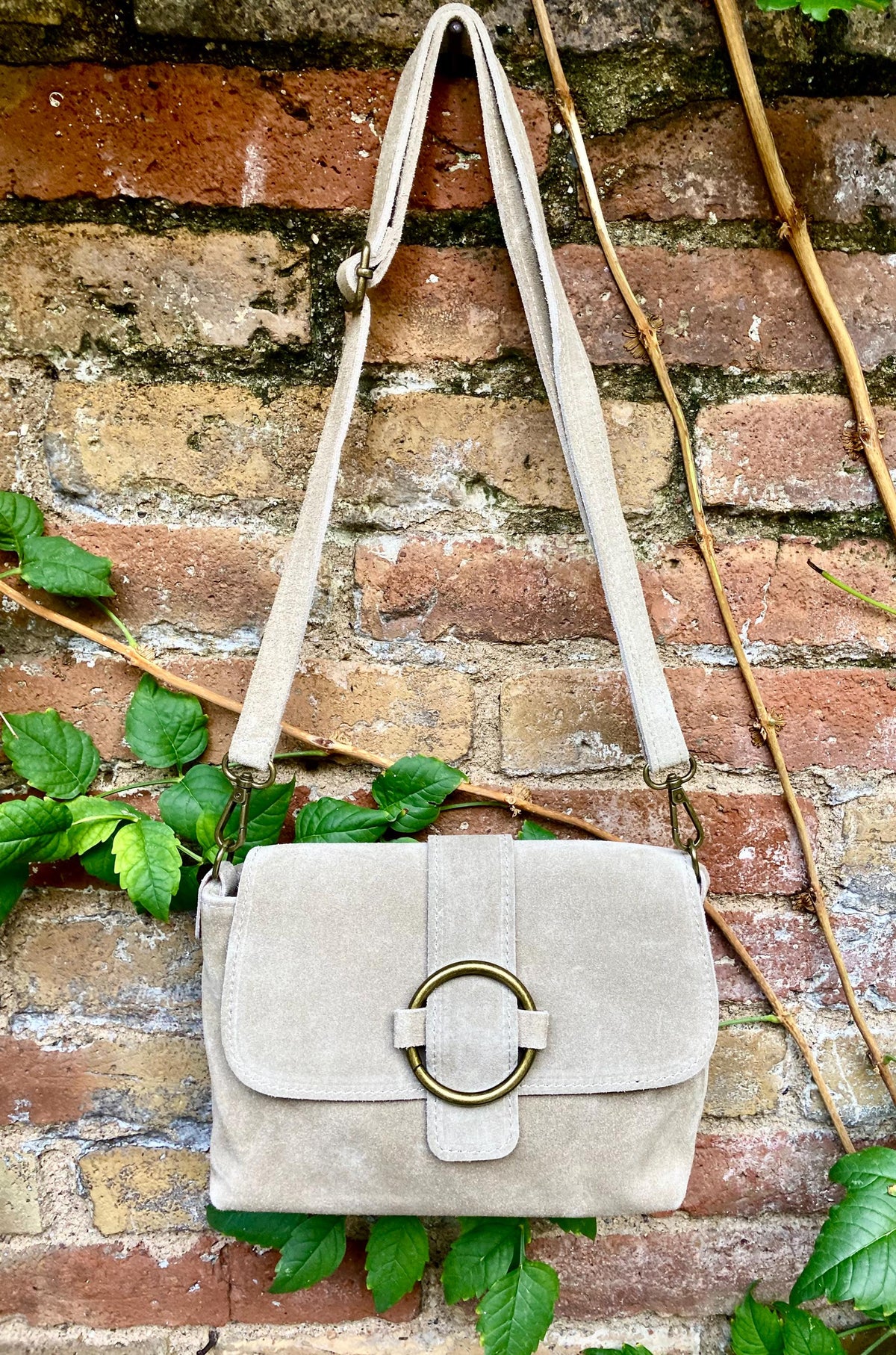 Beige suede bag. Genuine leather small suede purse. Light beige small crossbody / shoulder bag. Adjustable strap, flap + zipper.