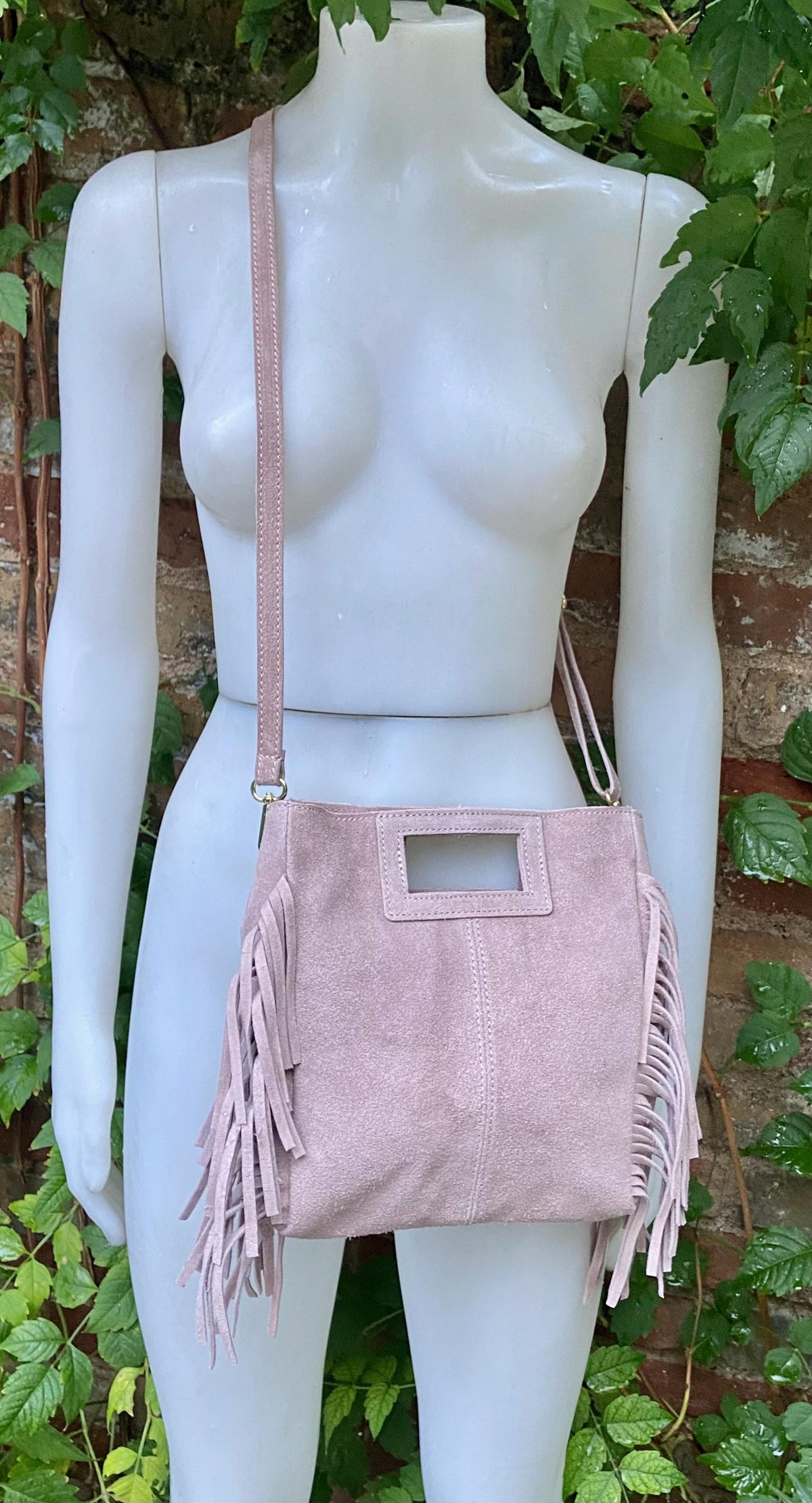 Dusty pink crossbody fringed bag. Light pink BOHO suede leather bag with FRINGES. Soft genuine pink suede leather. Light pink suede purse.