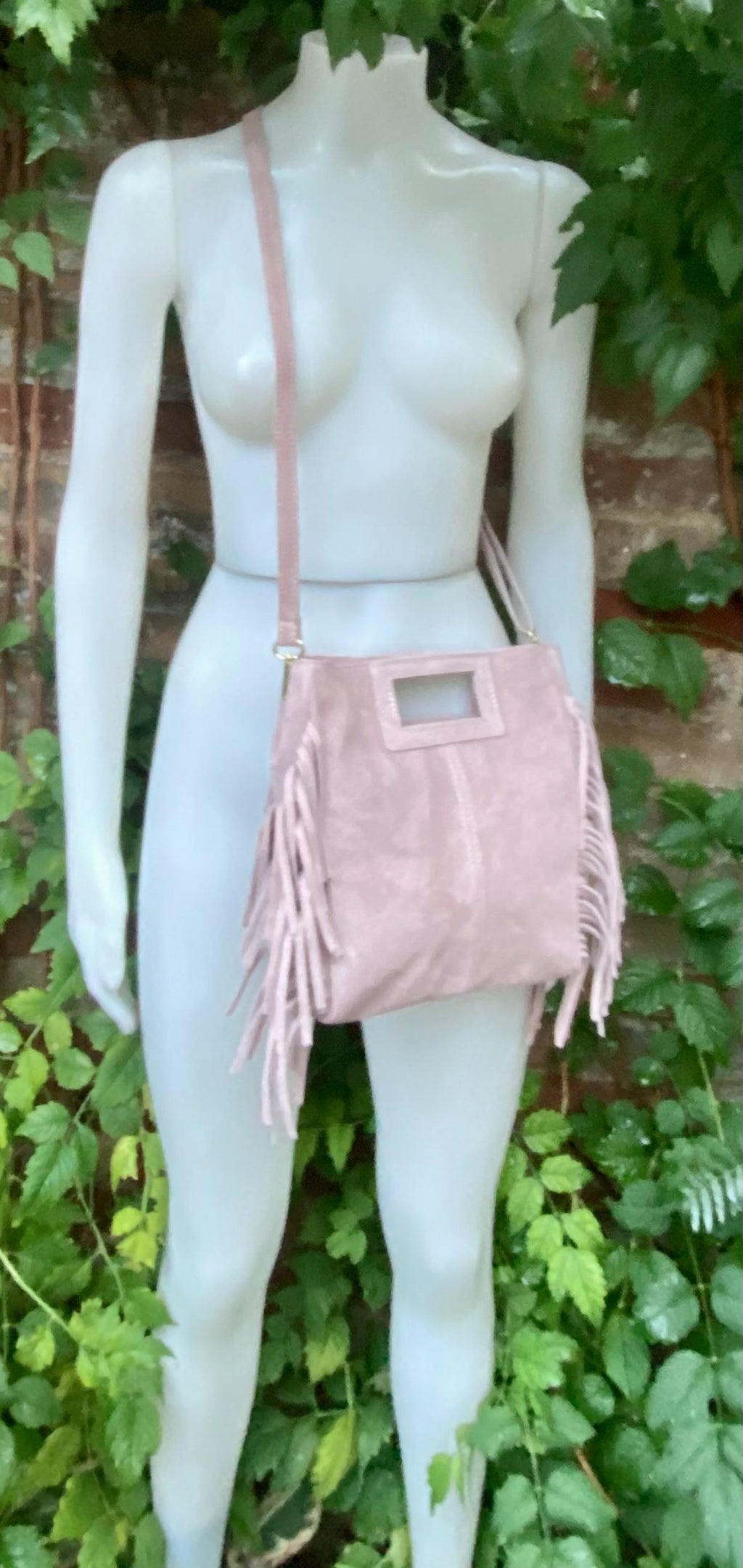 Dusty pink crossbody fringed bag. Light pink BOHO suede leather bag with FRINGES. Soft genuine pink suede leather. Light pink suede purse.