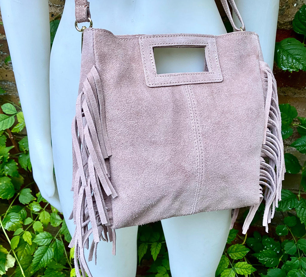 Dusty pink crossbody fringed bag. Light pink BOHO suede leather bag with FRINGES. Soft genuine pink suede leather. Light pink suede purse.