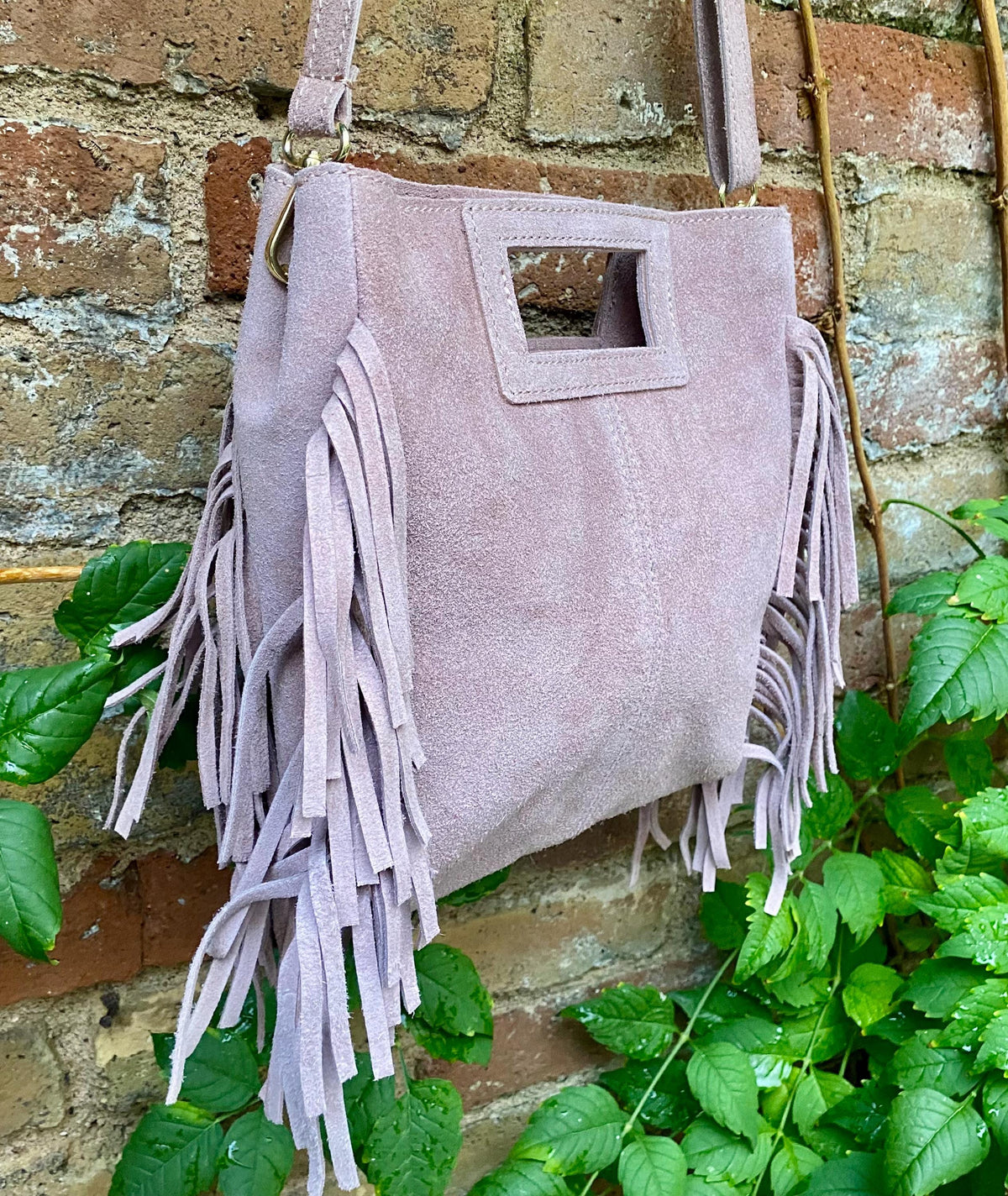 Dusty pink crossbody fringed bag. Light pink BOHO suede leather bag with FRINGES. Soft genuine pink suede leather. Light pink suede purse.