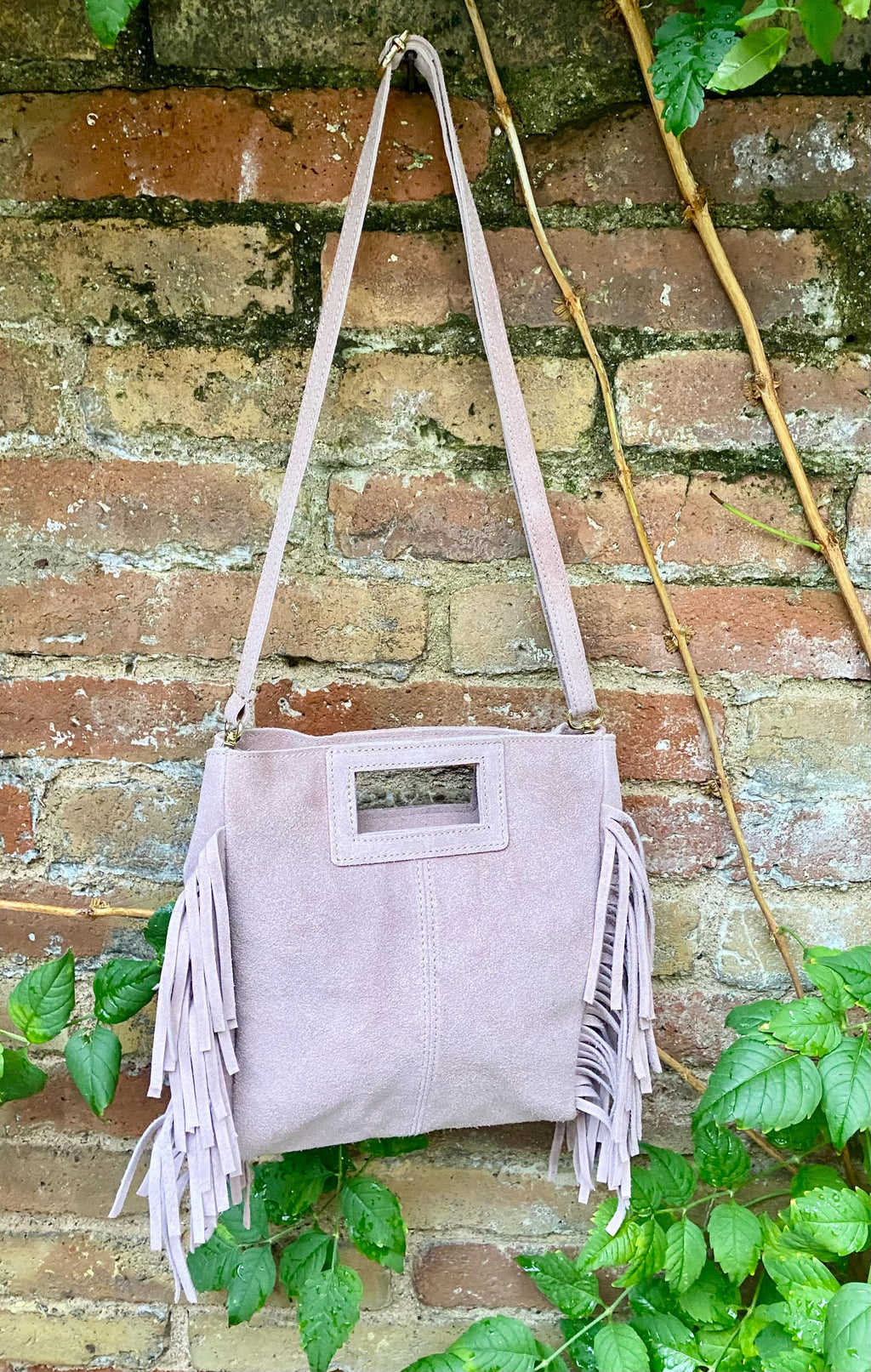 Dusty pink crossbody fringed bag. Light pink BOHO suede leather bag with FRINGES. Soft genuine pink suede leather. Light pink suede purse.