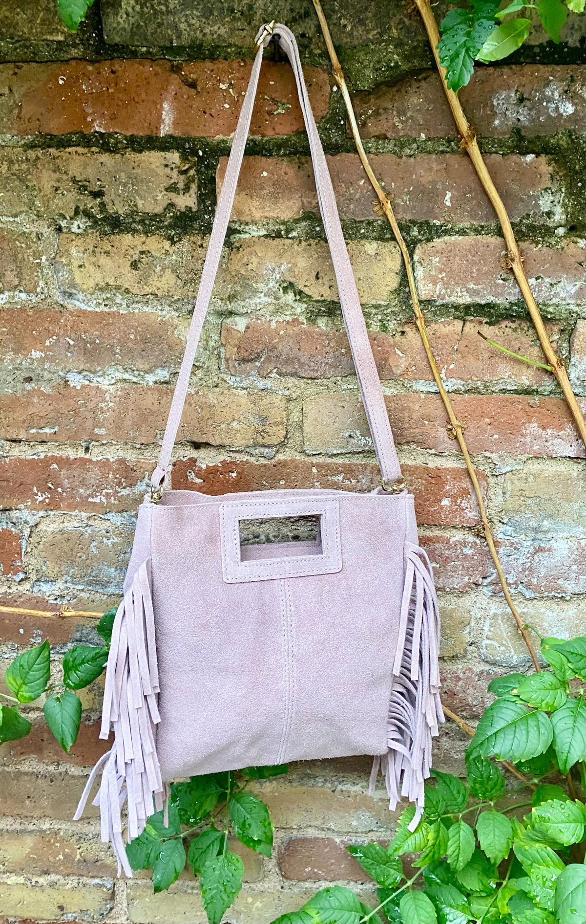 Dusty pink crossbody fringed bag. Light pink BOHO suede leather bag with FRINGES. Soft genuine pink suede leather. Light pink suede purse.