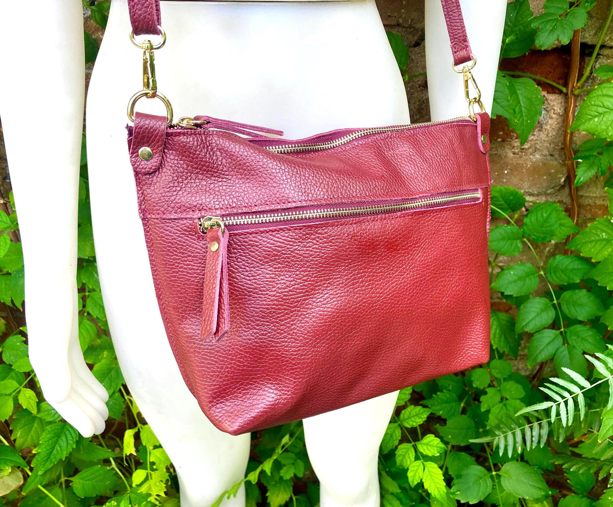 Burgundy leather bag. Genuine leather messenger bag. Wine red crossbody / shoulder bag with zipper and adjustable strap