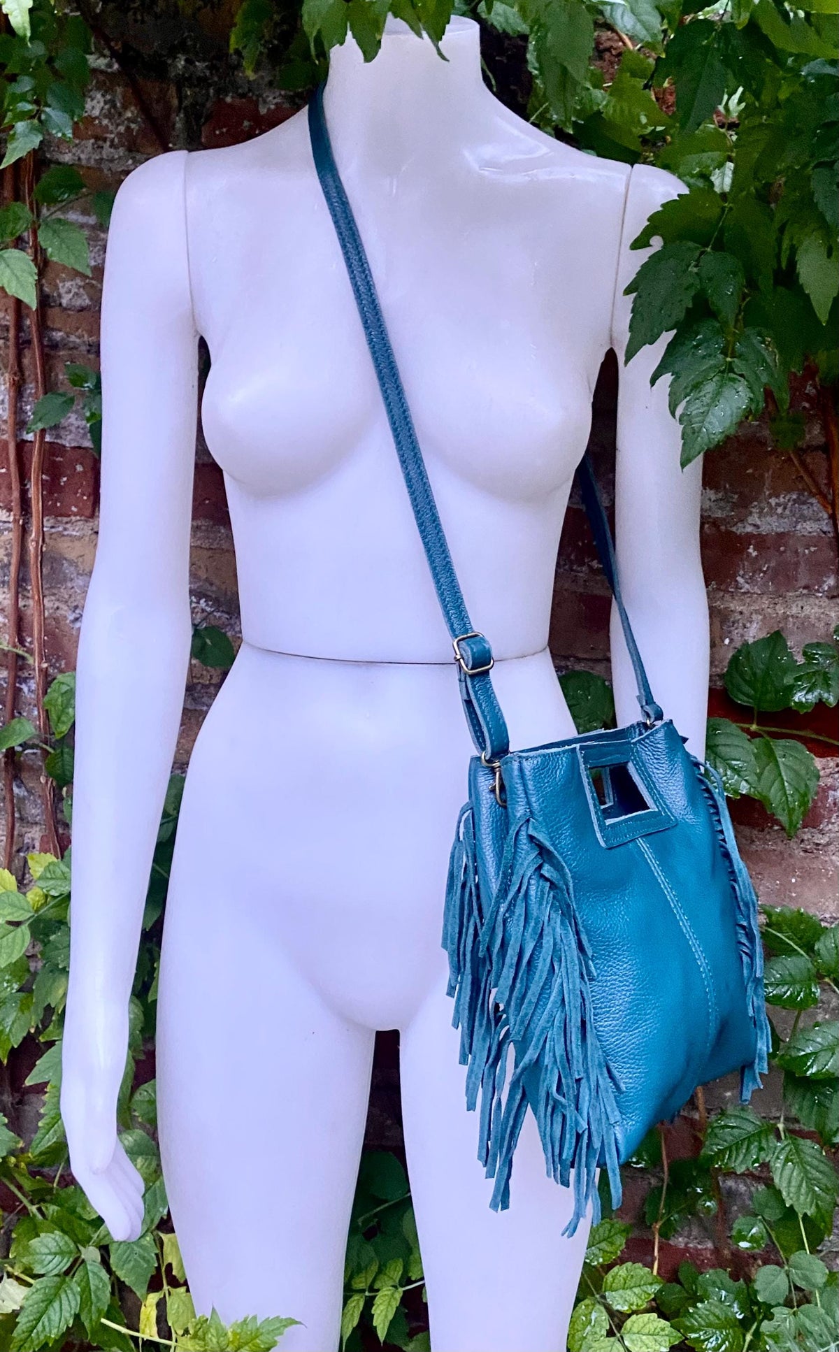 Teal crossbody fringed bag. BOHO suede leather bag with FRINGES. Blue - green genuine leather. Teal hippy leather purse