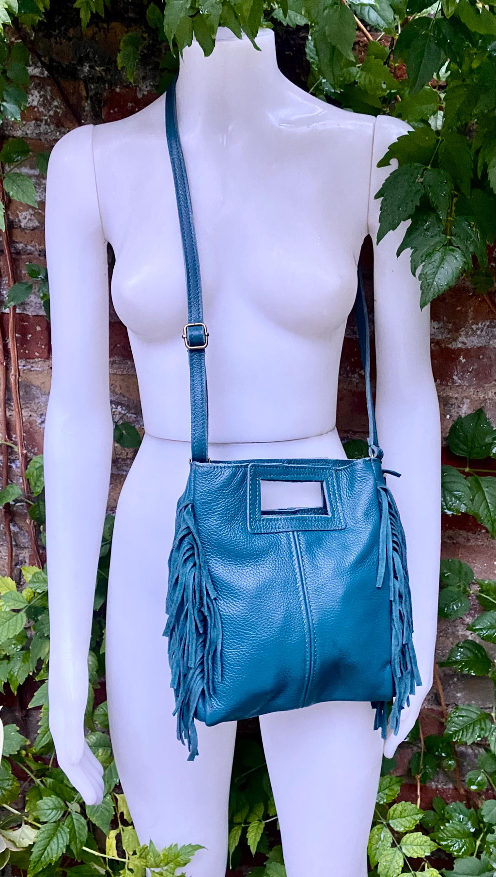 Teal crossbody fringed bag. BOHO suede leather bag with FRINGES. Blue - green genuine leather. Teal hippy leather purse