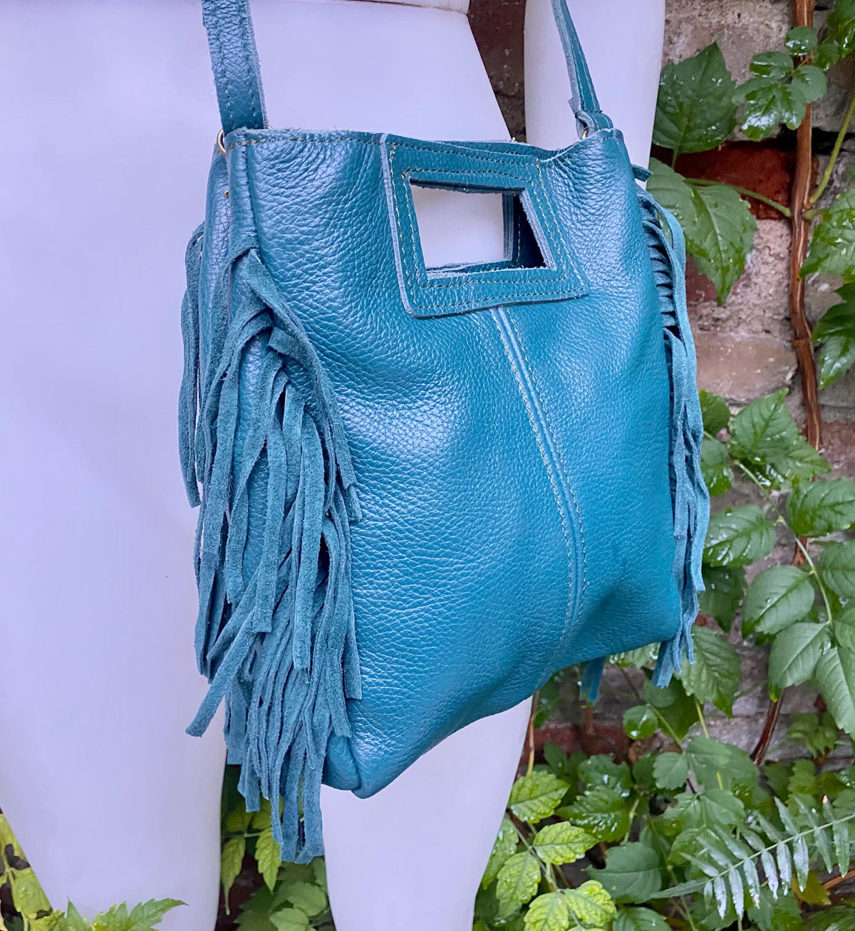 Teal crossbody fringed bag. BOHO suede leather bag with FRINGES. Blue - green genuine leather. Teal hippy leather purse