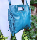 Teal crossbody fringed bag. BOHO suede leather bag with FRINGES. Blue - green genuine leather. Teal hippy leather purse
