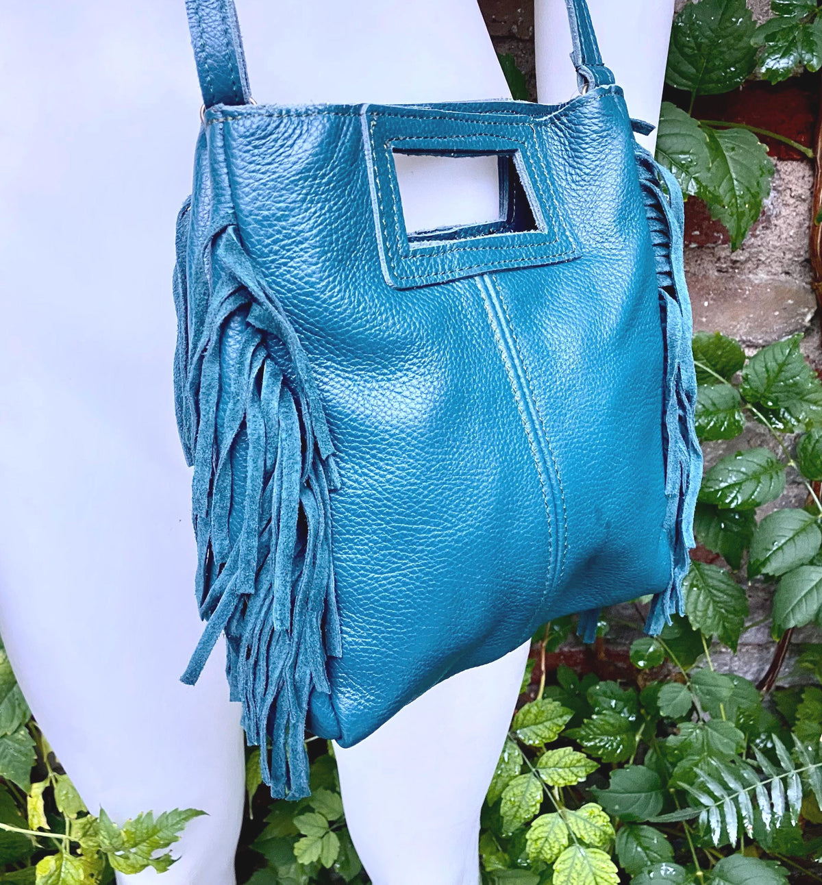 Teal crossbody fringed bag. BOHO suede leather bag with FRINGES. Blue - green genuine leather. Teal hippy leather purse