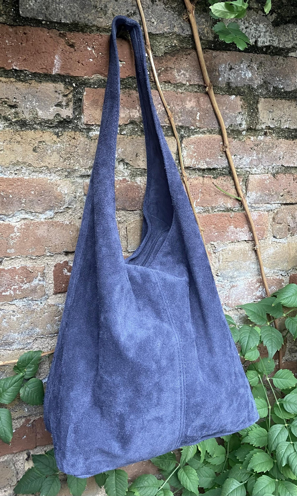 Slouch bag with zipper. NAVY blue tote leather bag. Soft natural suede genuine leather bag. Dark blue boho bag. NAVY suede bag.