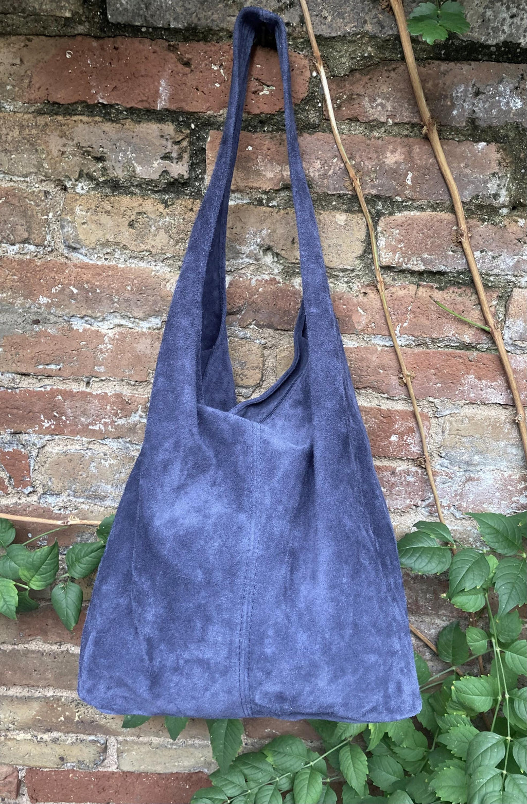 Slouch bag with zipper. NAVY blue tote leather bag. Soft natural suede genuine leather bag. Dark blue boho bag. NAVY suede bag.