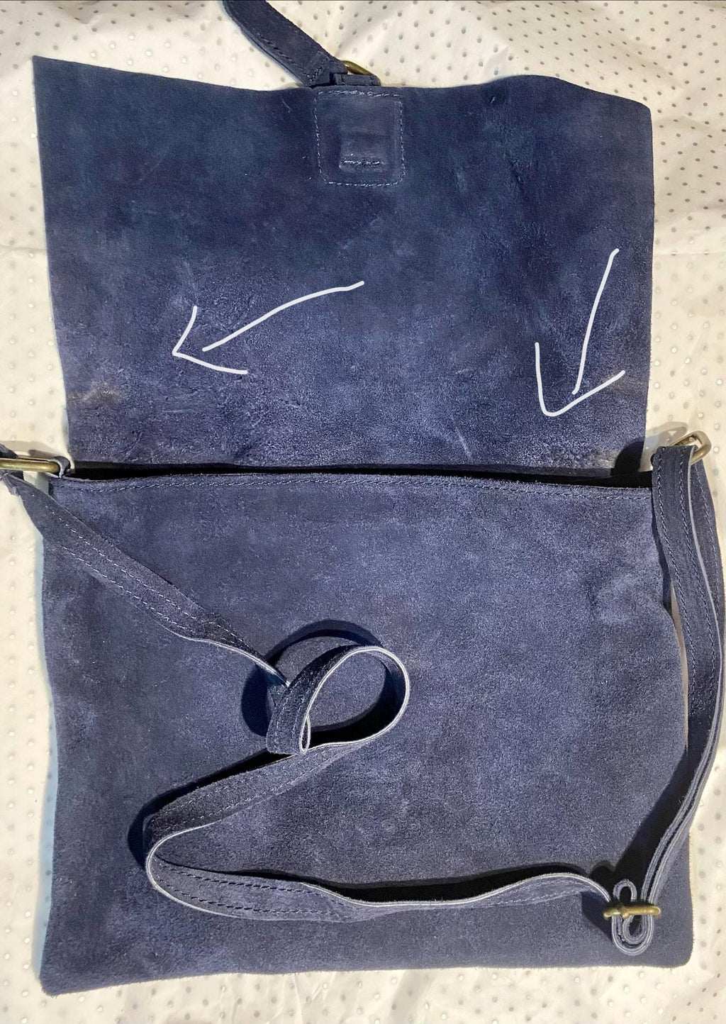 SECONDS. Navy blue + burgundy suede messenger leather bags. 2 cross body / shoulder bags. Soft genuine leather purses with zipper + flap.