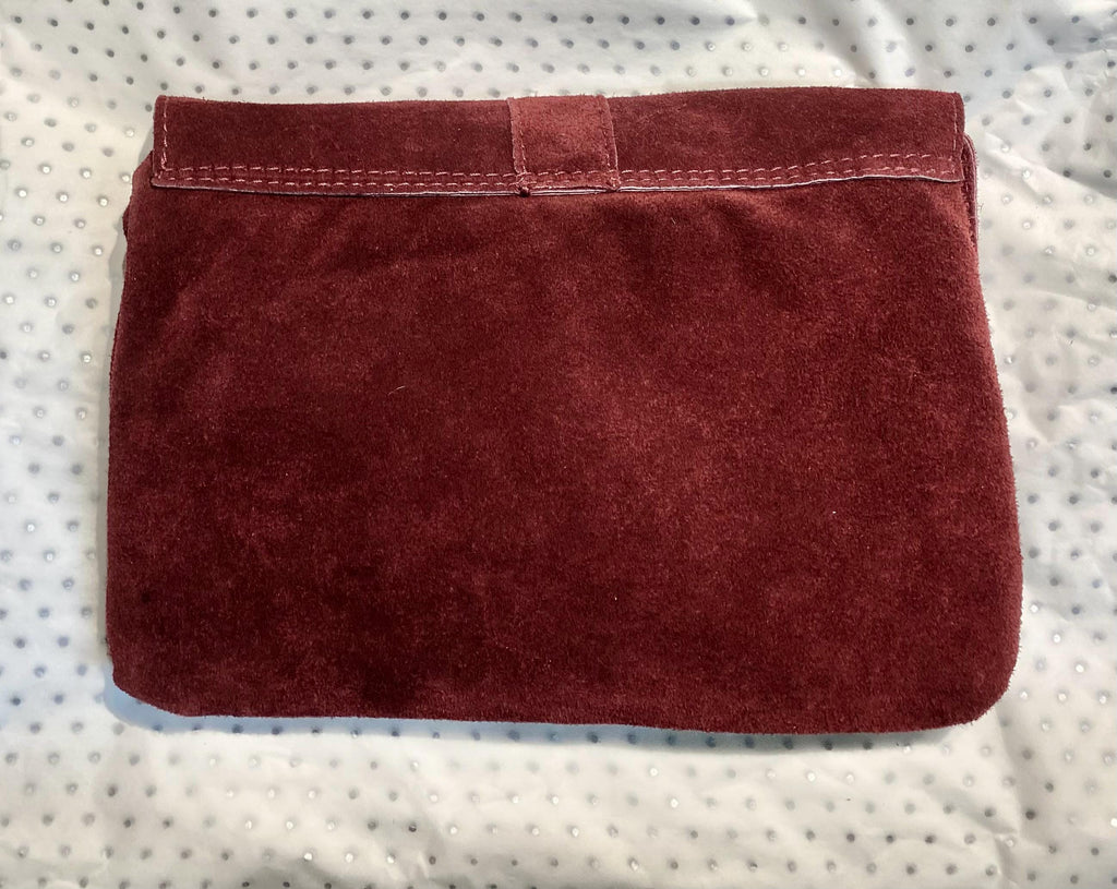 SECONDS. Navy blue + burgundy suede messenger leather bags. 2 cross body / shoulder bags. Soft genuine leather purses with zipper + flap.