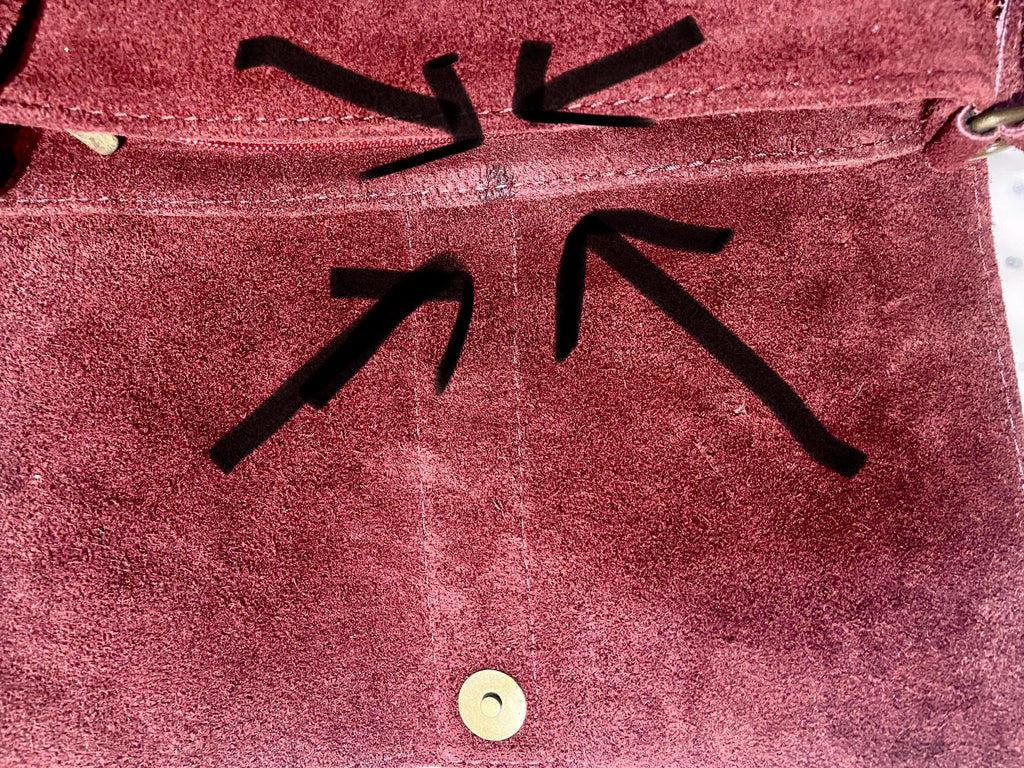 SECONDS. Navy blue + burgundy suede messenger leather bags. 2 cross body / shoulder bags. Soft genuine leather purses with zipper + flap.