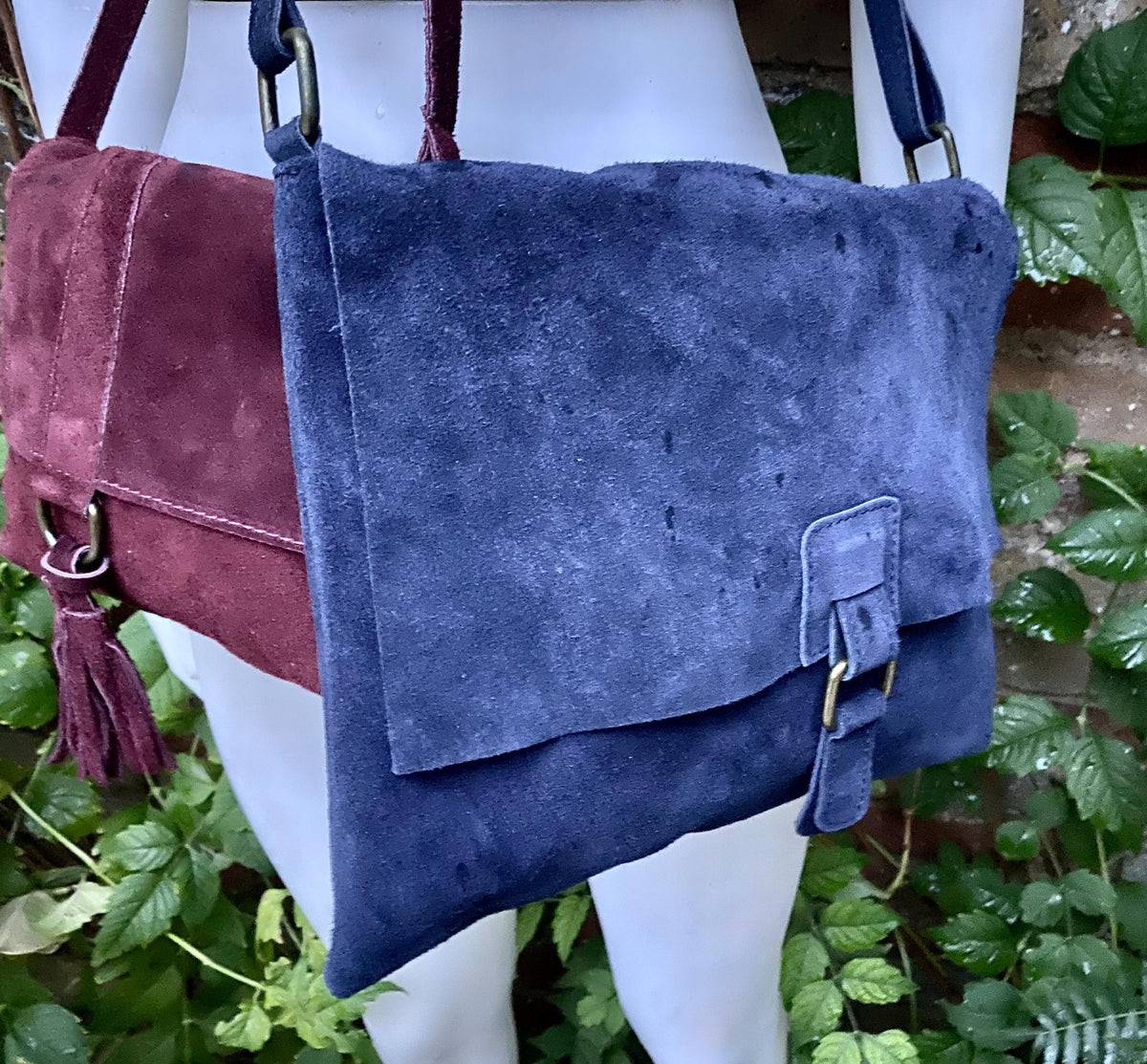 SECONDS. Navy blue + burgundy suede messenger leather bags. 2 cross body / shoulder bags. Soft genuine leather purses with zipper + flap.