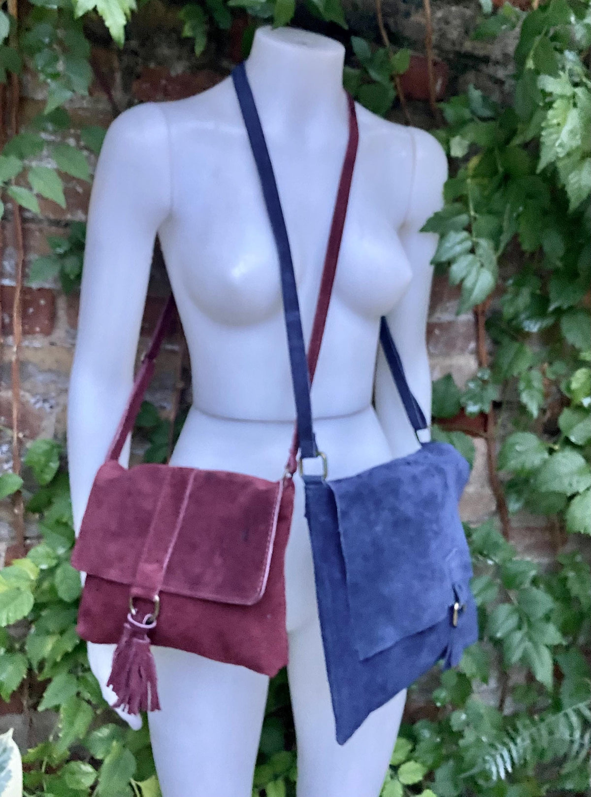 SECONDS. Navy blue + burgundy suede messenger leather bags. 2 cross body / shoulder bags. Soft genuine leather purses with zipper + flap.