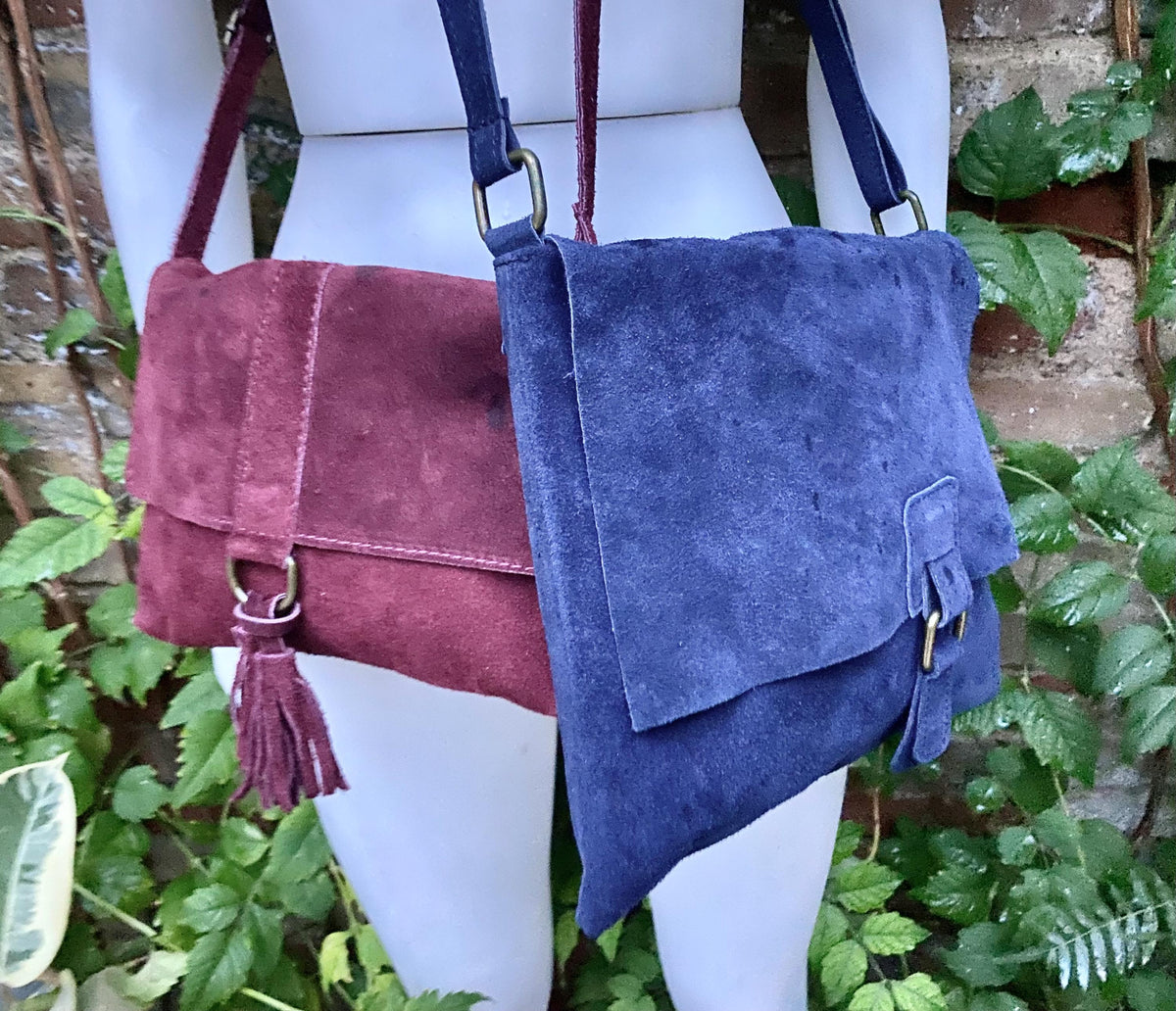 SECONDS. Navy blue + burgundy suede messenger leather bags. 2 cross body / shoulder bags. Soft genuine leather purses with zipper + flap.