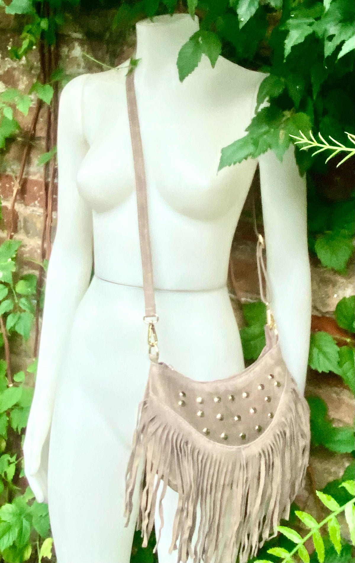 Small taupe brown suede crossbody bag with fringes + tacks. Light brown suede hippy purse. Greyge color genuine suede leather boho bag.